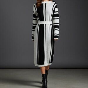 Color Block Striped Knit Midi Dress | Black & White | Waist Cinching | NWT